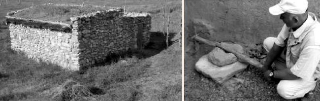 Слева: объект экспериментальной археологии - реплика скифской усадьбы; справа: реконструкция скифского жернова