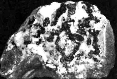Корки кальцита и каолина с присыпками киновари и гнездами сидерита на стенке трещины в рудной породе месторождения Каменный карьер