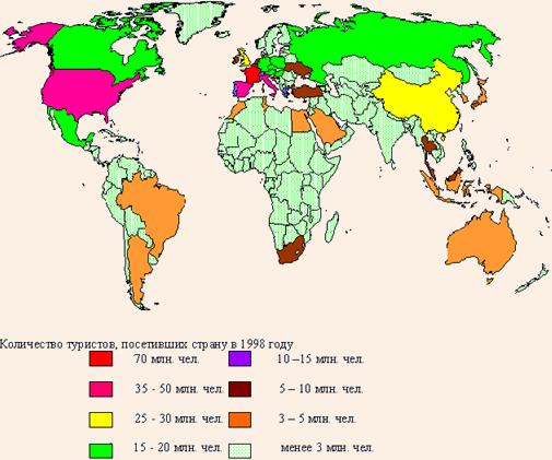 Страны по количеству прибытий туристов в 1998 году