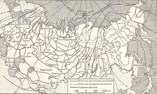 Схематическая карта магнитного слонения на территории СССР