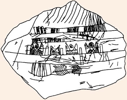 Карта каменного века, изображающая жилища на берегу реки
