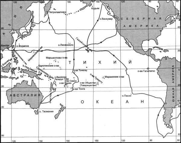 Карта Тихоокеанских плаваний Лаперуза (1785-1788)